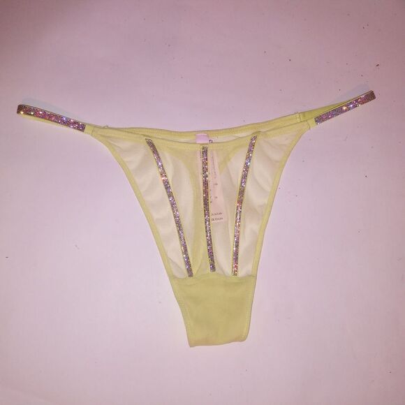 Victoria Secret Panty XL Thong Yellow Sheer Shine Strap Very Sexy New - Picture 6 of 11